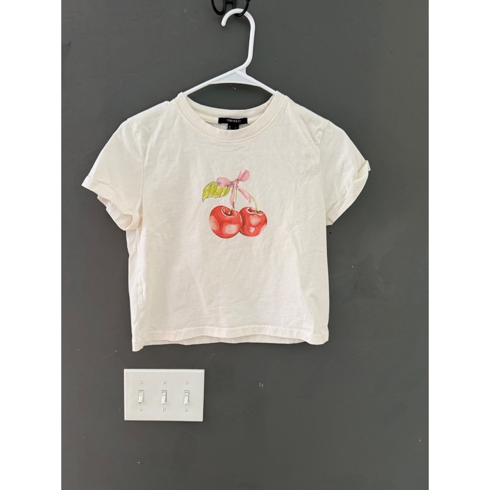 Forever 21 Y2k Womens Cherry Bow Graphic Cropped Baby Tee Cream Small